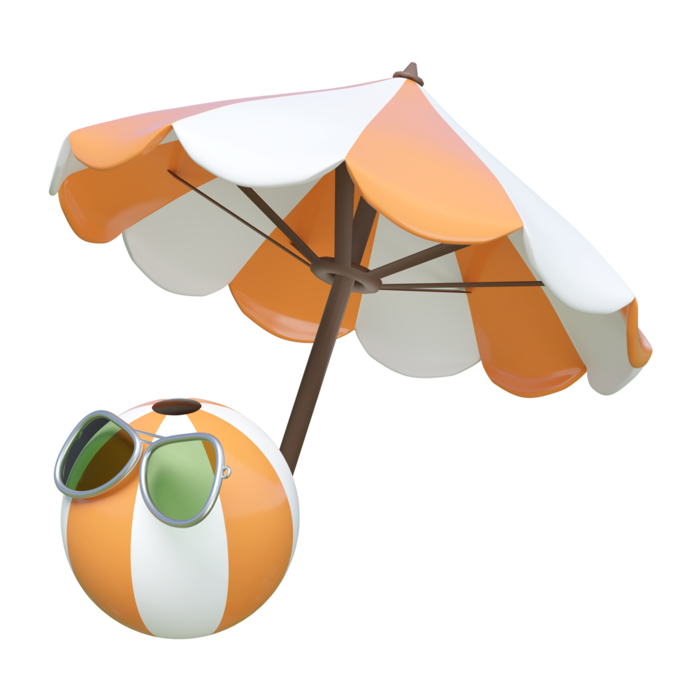 3D rendering of a vibrant orange and white striped beach umbrella and a matching beach ball wearing sunglasses, isolated. Perfect for summer, vacation, and relaxation themes. png