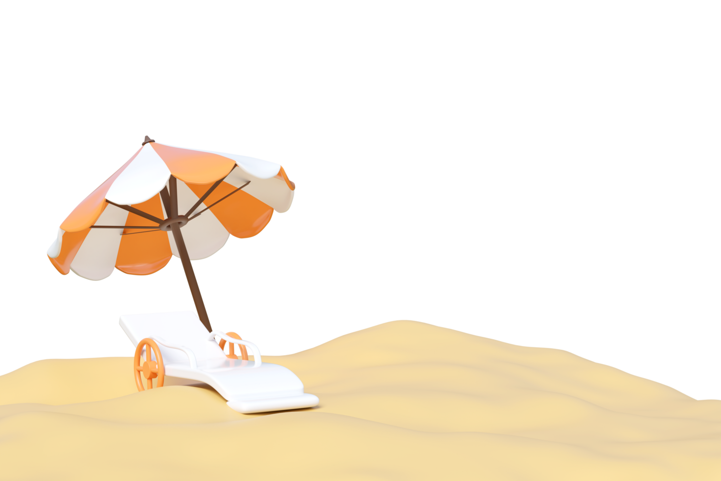 3D rendering of a beach scene with a striped orange and white beach umbrella and a white lounge chair on golden sand. Isolated, perfect for summer vacation and holiday concepts. png