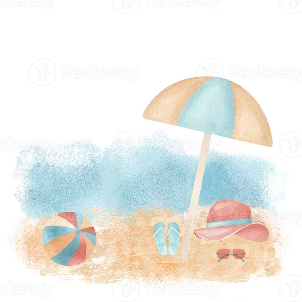 Watercolor hand drawn beach on sand and sea background. Ideal for summer invitations, travel blogs, greeting cards, or seasonal decor png