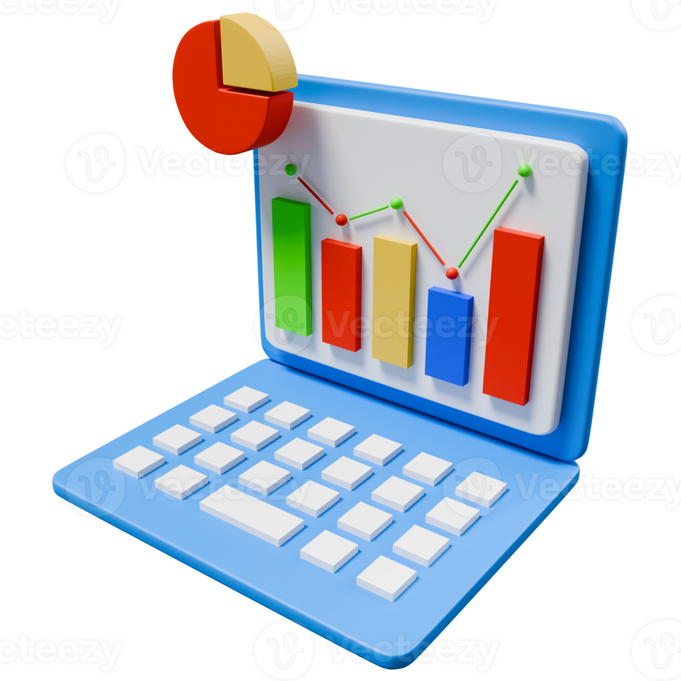 Laptop with data visualization, pie chart and bar graphs - 3D render png