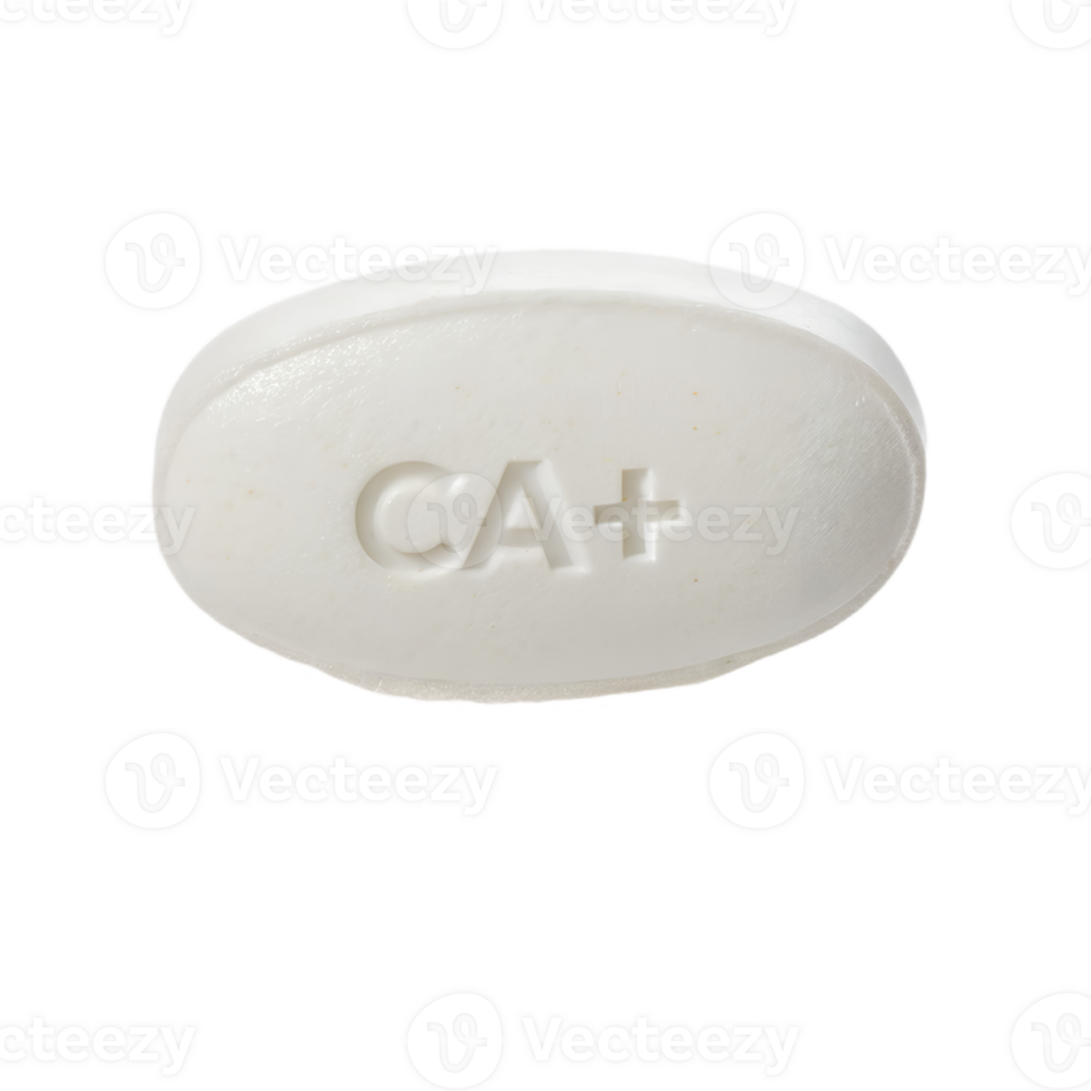 White calcium supplement tablet with 'ca' marking, oval-shaped mineral pill isolated on transparent background png