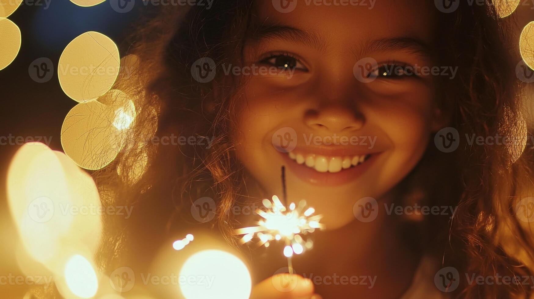 A joyful girl celebrating with sparklers amid a backdrop of twinkling lights at dusk photo