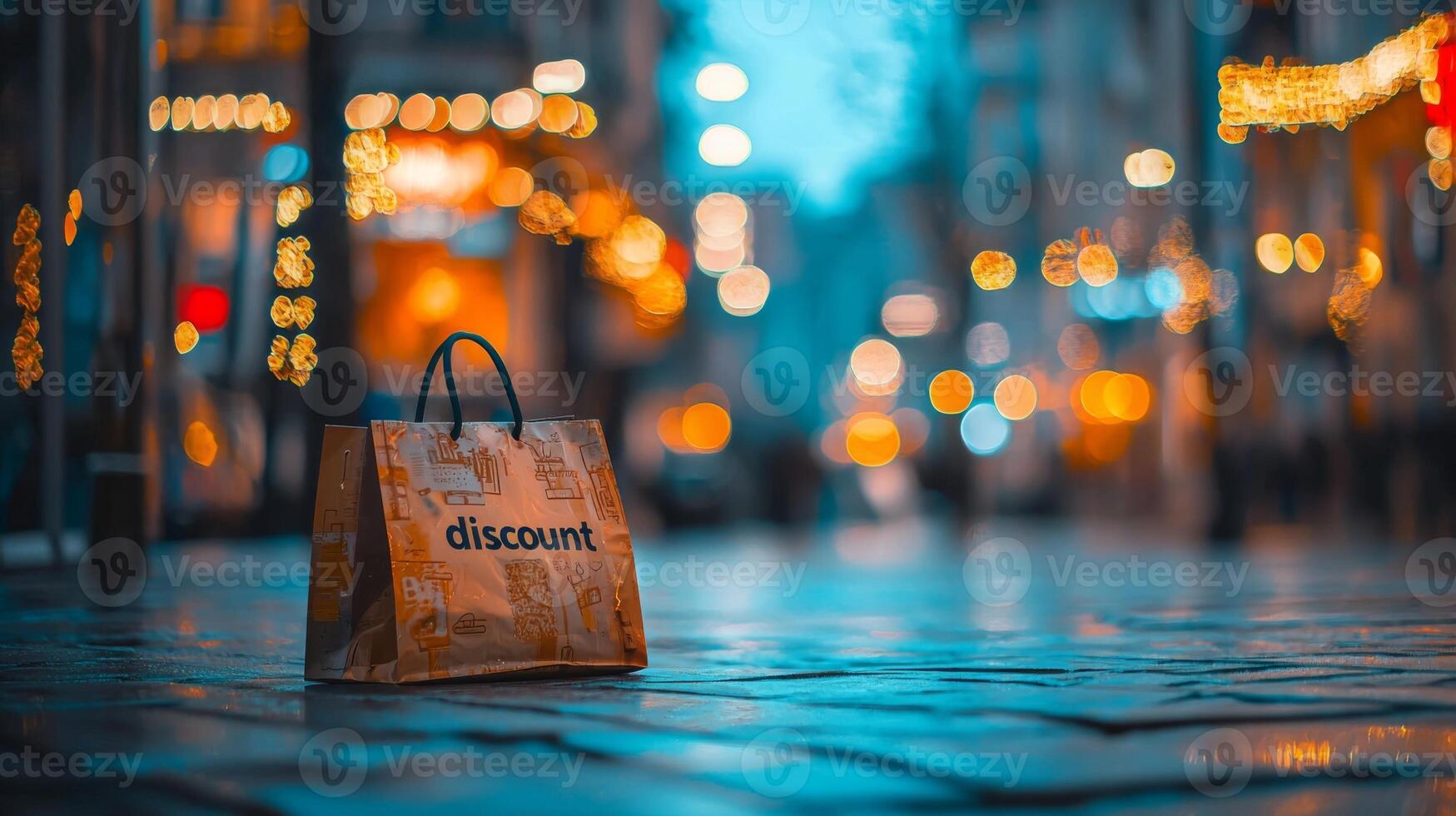 A discount shopping bag rests on a cobblestone street illuminated by festive lights at twilight photo