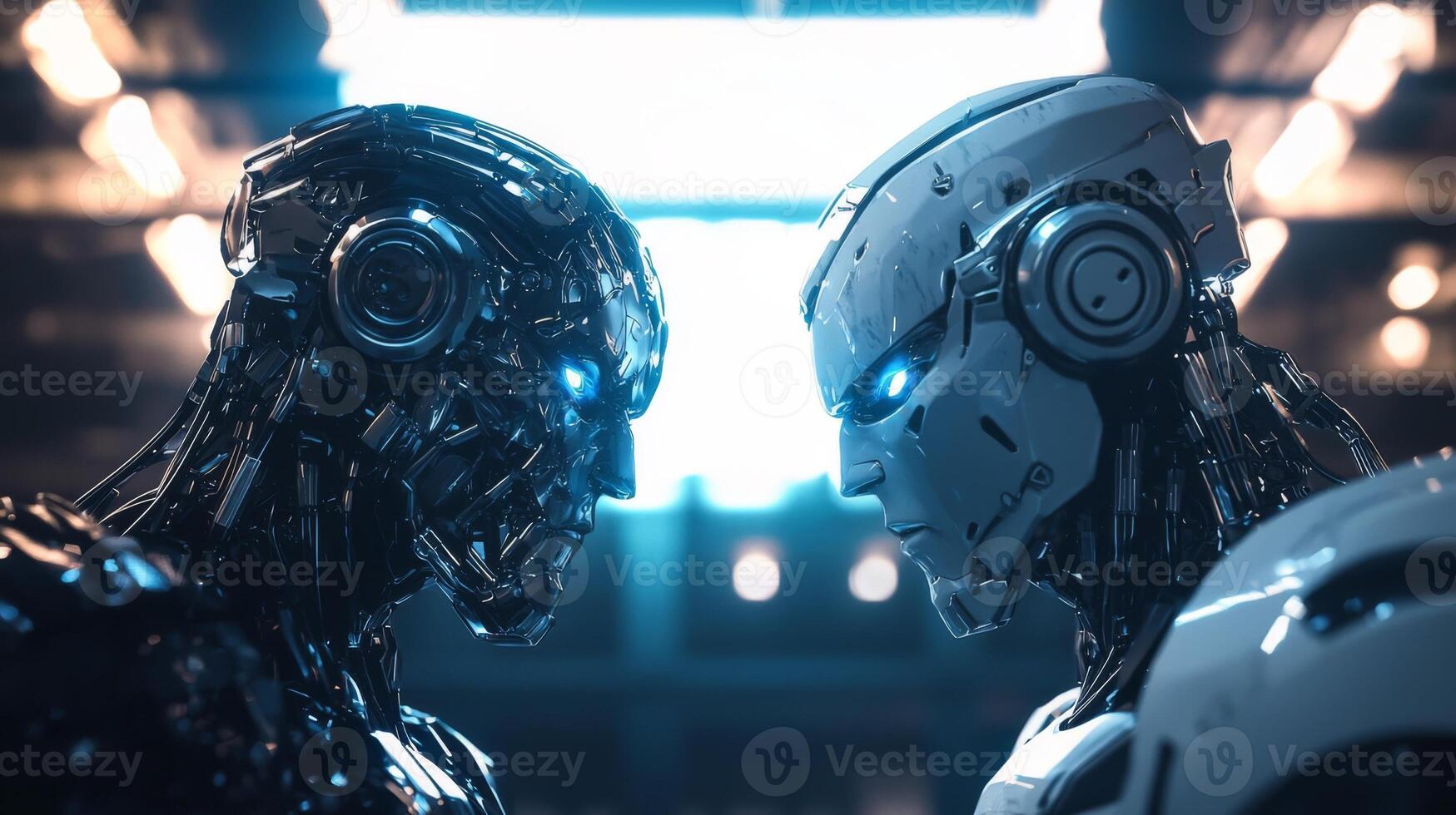 Two advanced humanoid robots face off in a futuristic setting with glowing eyes and metallic bodies photo
