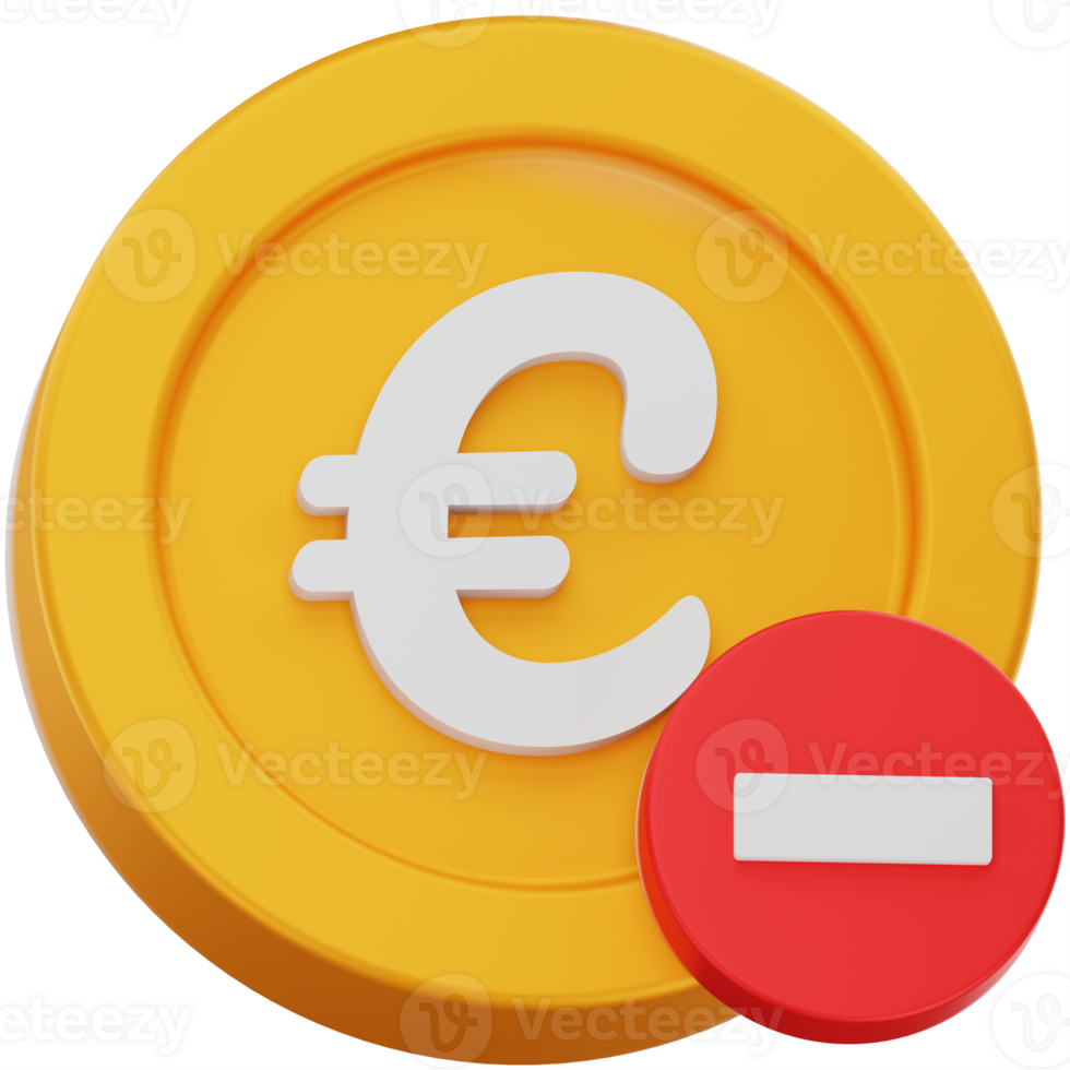 3D Render Euro Coin with Negative Symbol Financial Decline png