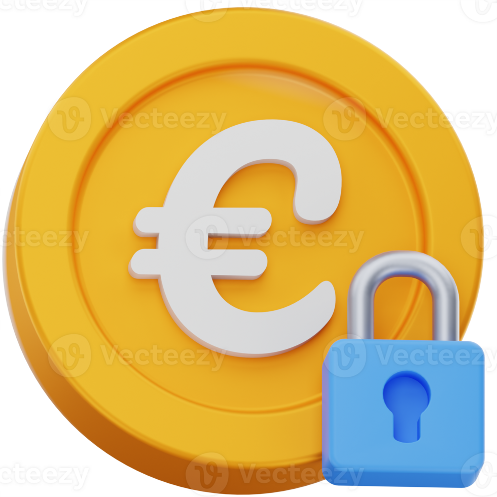 3D Render Euro Coin Secured with Padlock Financial Protection Concept png