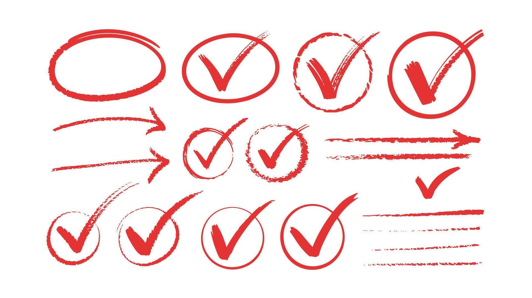 Hand Drawn Red Check Marks, Circles, Arrows and Lines Doodle Style Validation and Navigation Icons for Design and Illustration vector