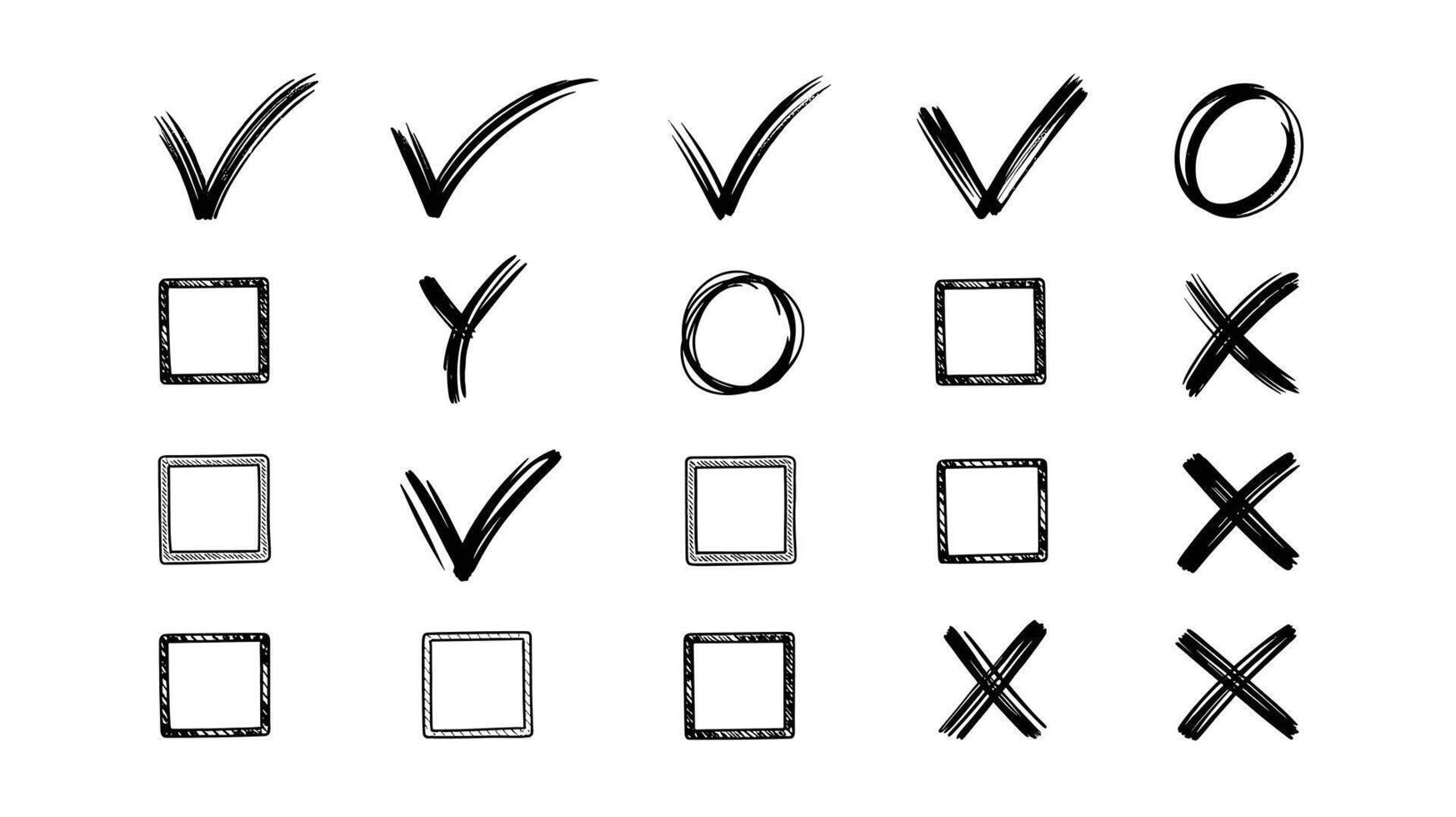 HandDrawn Check Marks, Circles, Squares, and X Symbols An Assortment of Positive and Negative Icons for Graphic Design Projects vector