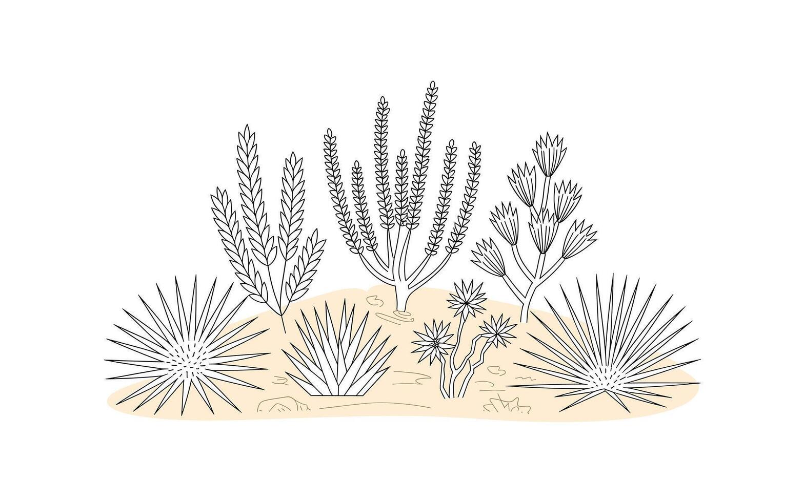 Minimalist Desert Plants Illustration Cactus, Shrubs, and Sand for Coloring Books or Graphic Design Elements, Simple Black and White Botanical Artwork vector
