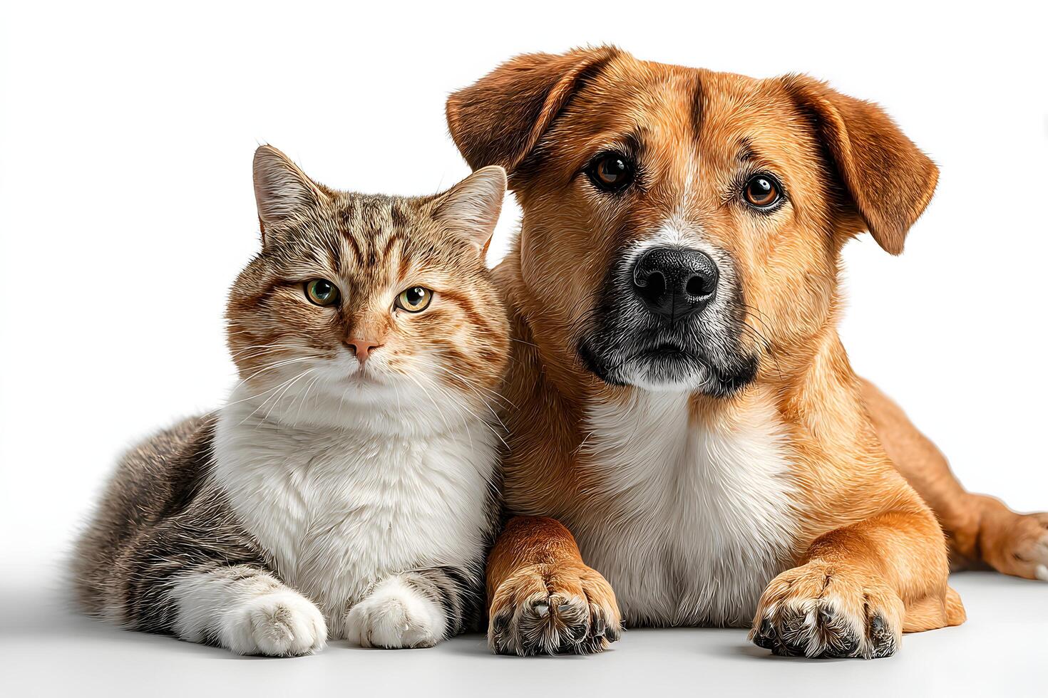 Cute Cat and Dog Lying Together on White Background photo