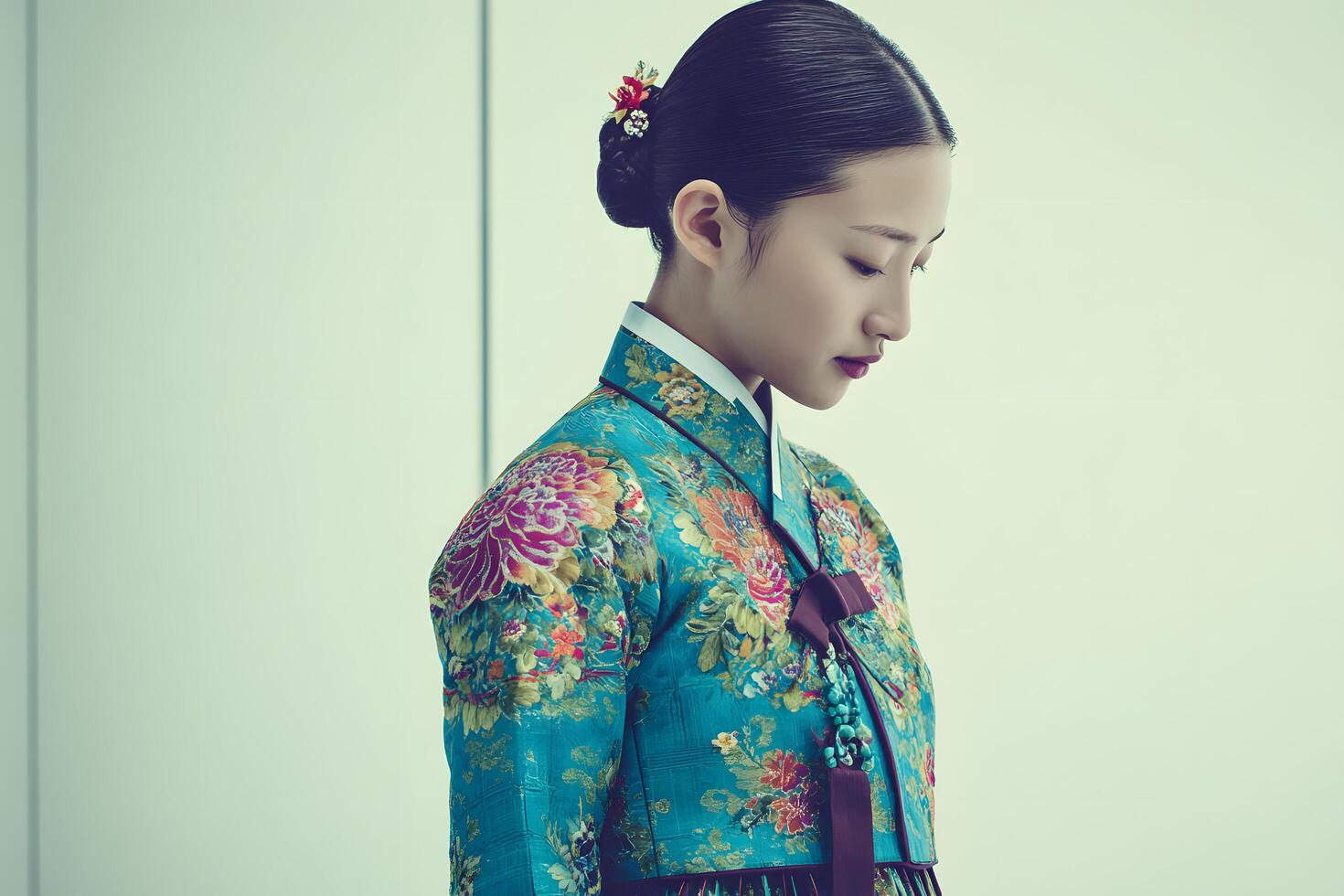Elegant Young Woman Wearing Traditional Korean Hanbok with Floral Pattern in Profile View photo