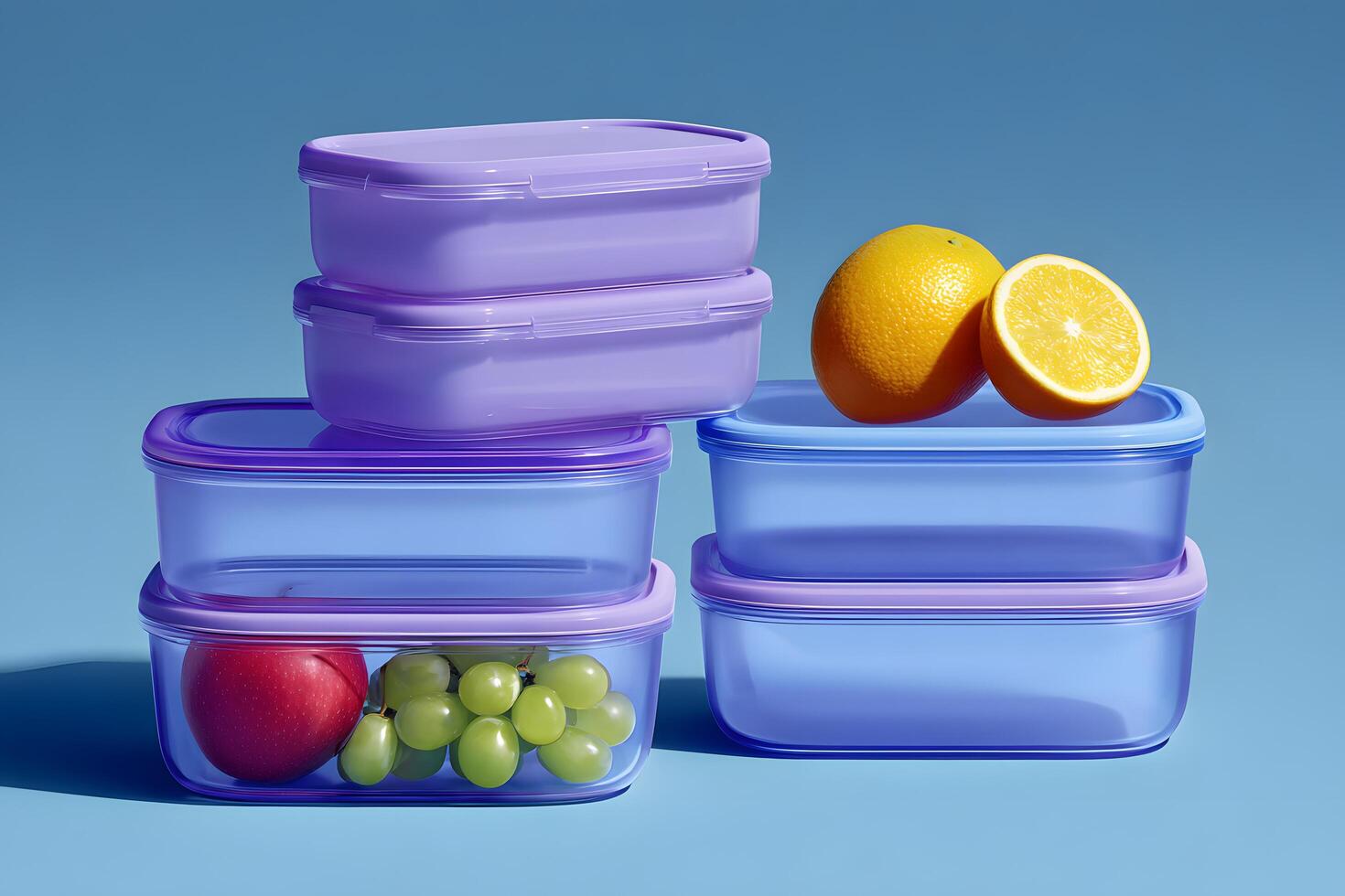Stacked Food Containers with Apple, Grapes and Oranges on Blue Background photo