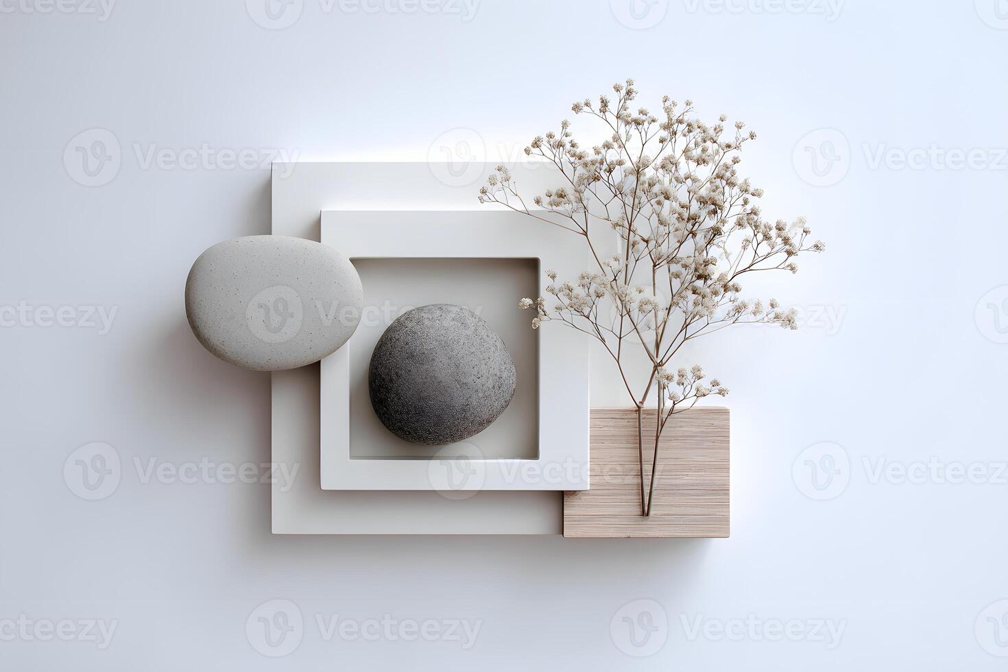 Stone and Flower Minimalist Still Life with Square Frame on White photo