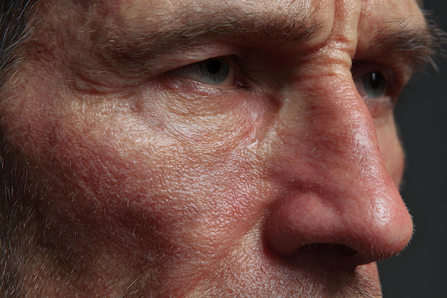 Close Up of Mature Man Face with Wrinkles and Blue Eyes in Natural Lighting photo