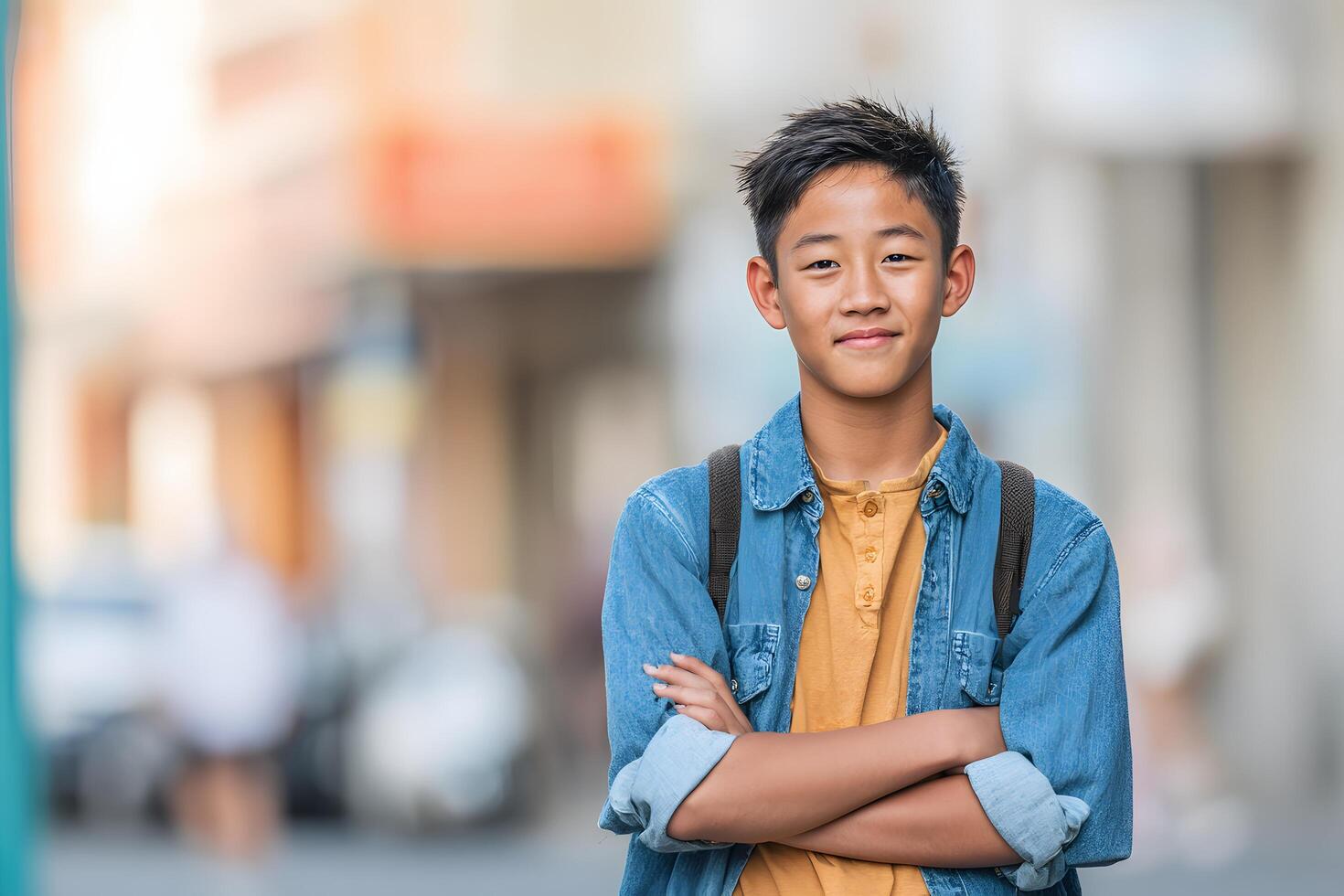 Young Boy Wearing Casual Denim Jacket Standing Outdoors in Urban Environment photo