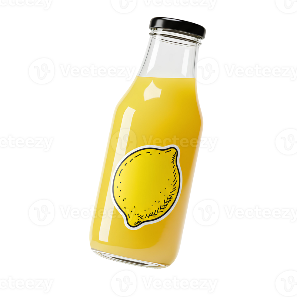 lemon juice in glass bottle . Unbranded lemon juice in glass bottle with hand drawn lemon on label isolated. Organic and fresh lemon juice full of vitamins for healthy drinks png
