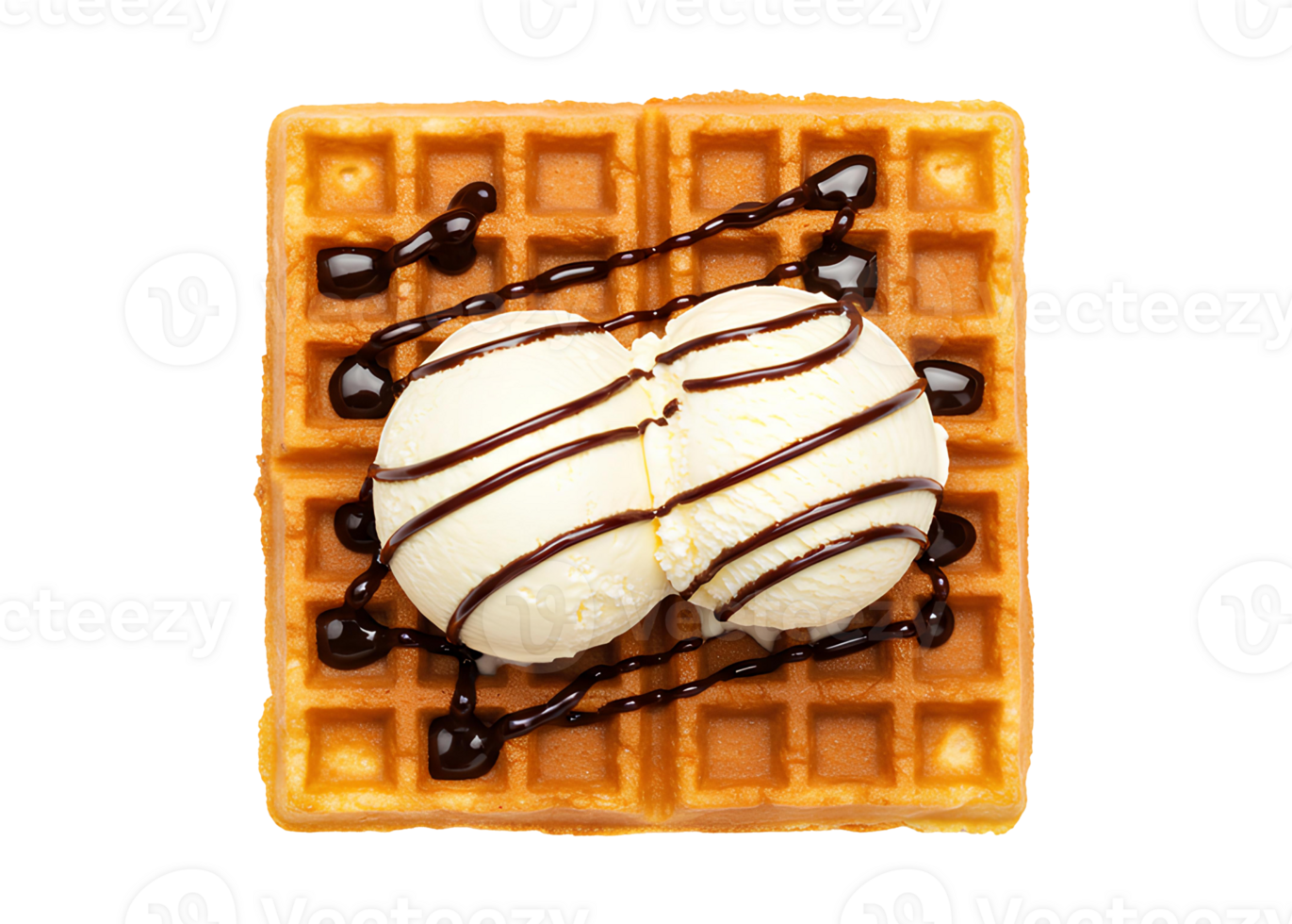 waffle with chocolate drizzle on top set . Waffle dessert top view flat lay isolated. Tasty waffle with chocolate drizzle and ice cream for breakfast food png