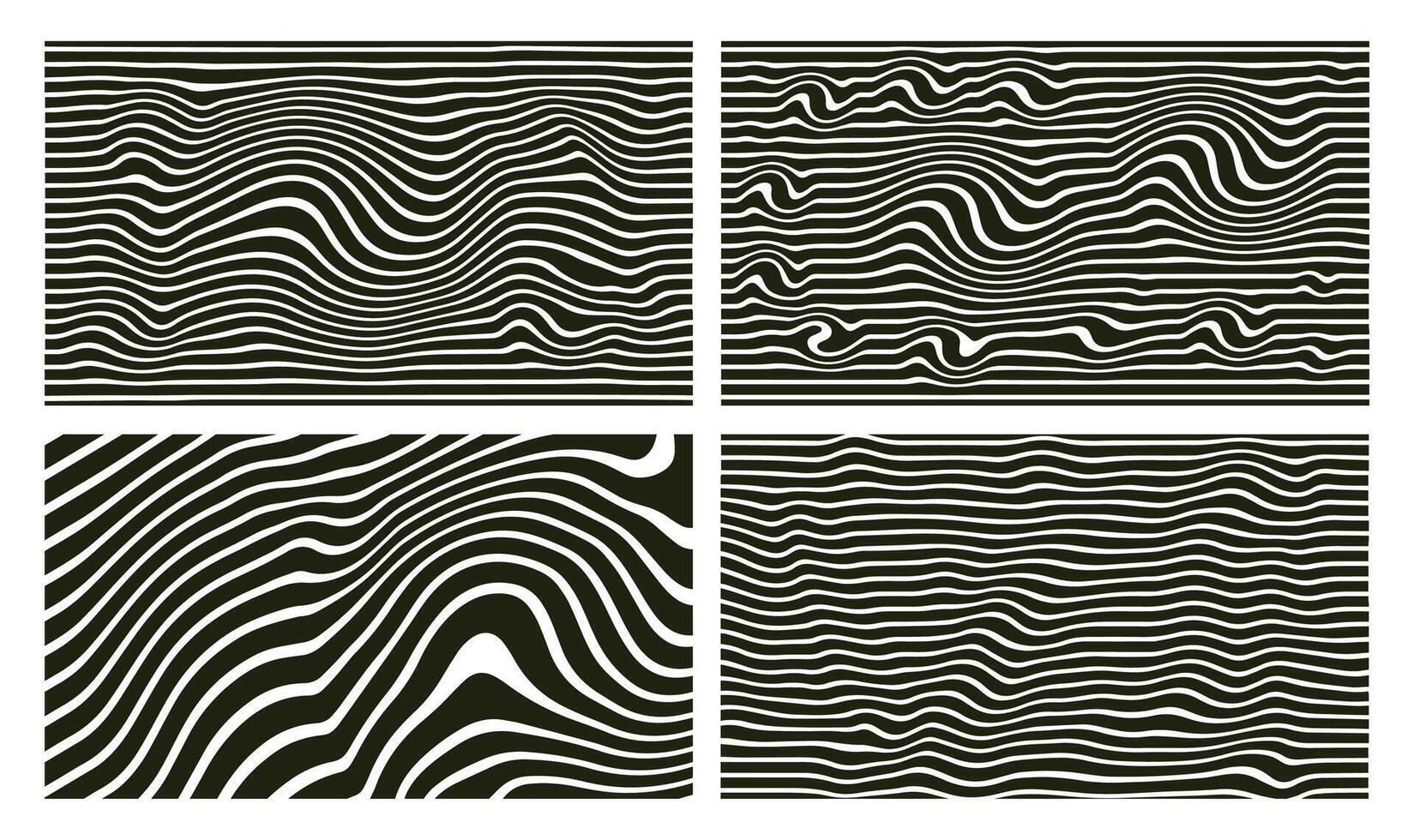 Optical illusion stripes, wavy lines abstract art, black and white compositions vector