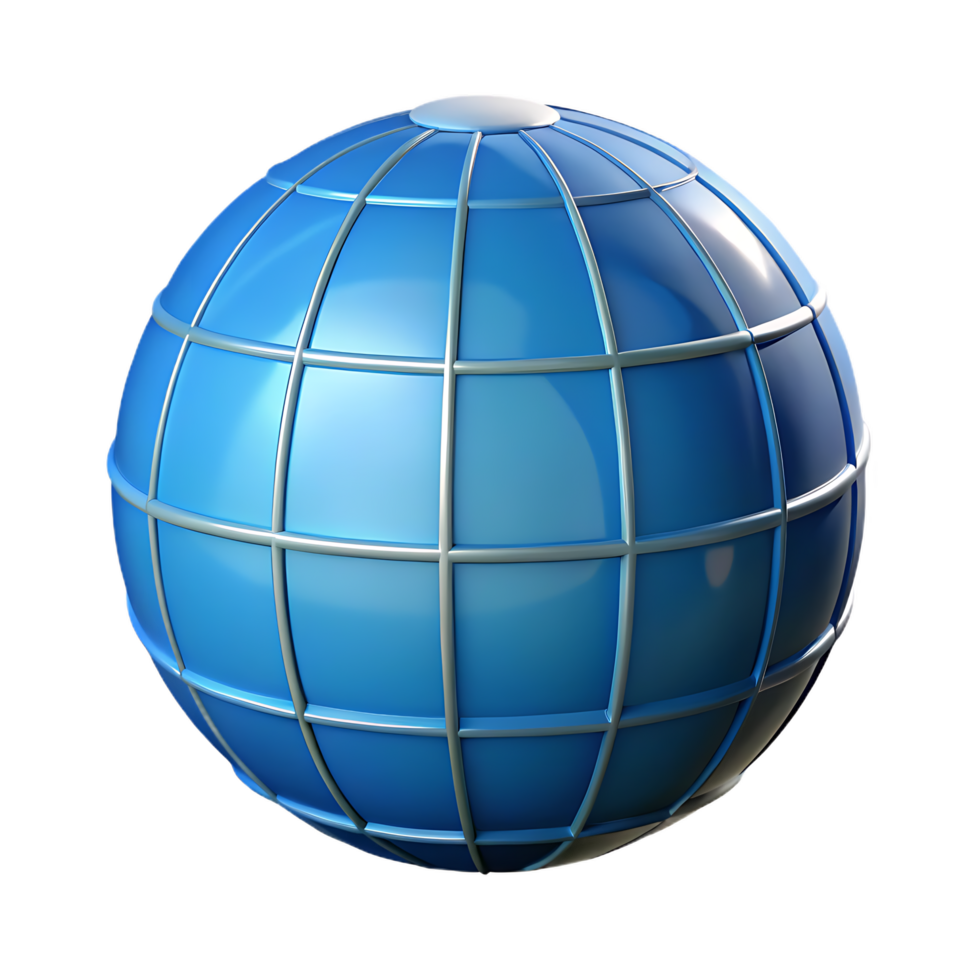 Glossy blue 3D sphere with gridlines on transparent background png