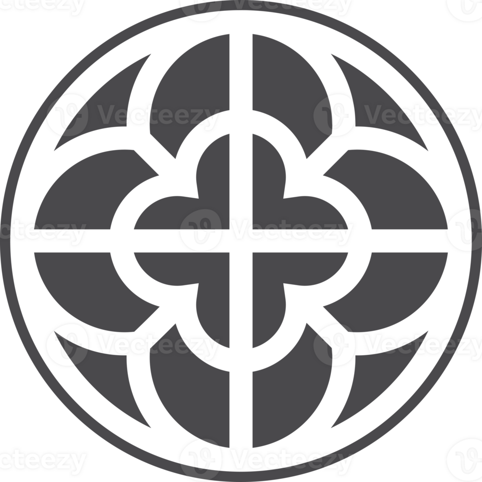 Gothic circle rose window with medieval ornaments. Silhouette of cathedral rosette. Christian architecture element with stained glass. Radial frame. png