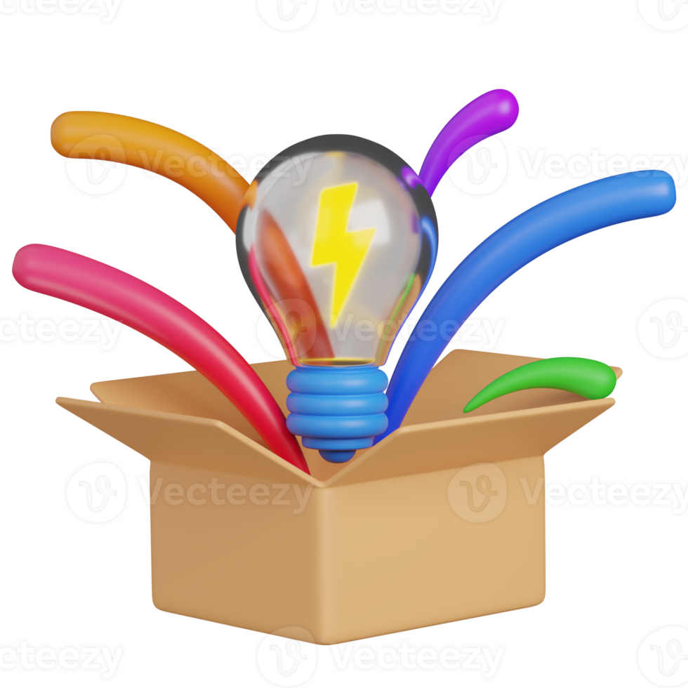 3D Render Creative Idea in a Box and Lightbulb with Colorful Rays icon png