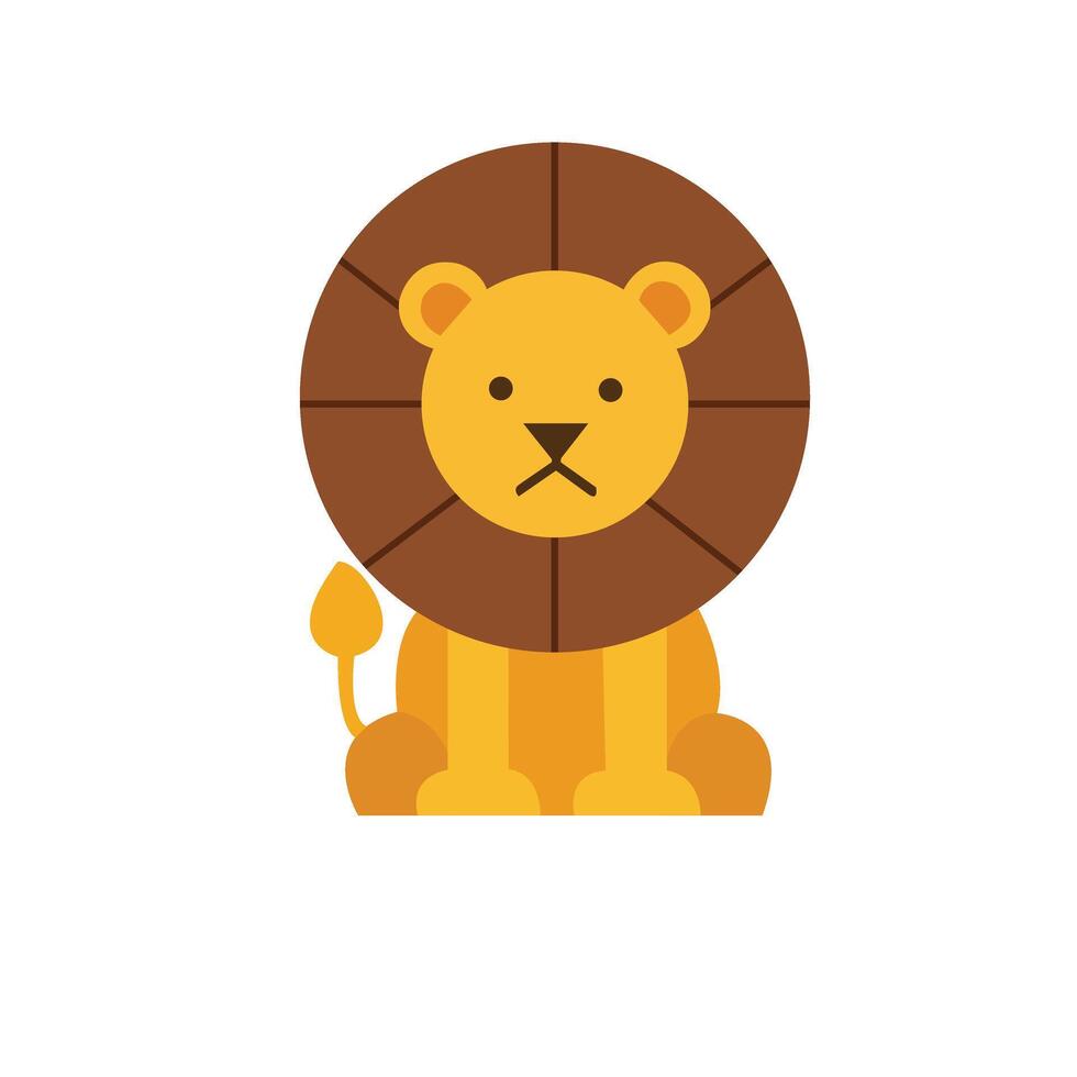 A flat style illustration of a cute cartoon lion with a round mane, sitting on a white background. Perfect for educational materials, kids' books, and zoo-related graphics. vector
