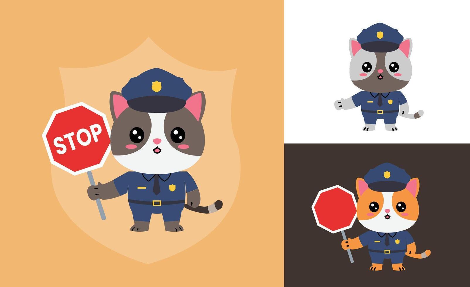 A set of adorable cartoon cats dressed as police officers, holding a red stop sign. Perfect for educational materials and childrens safety content. vector