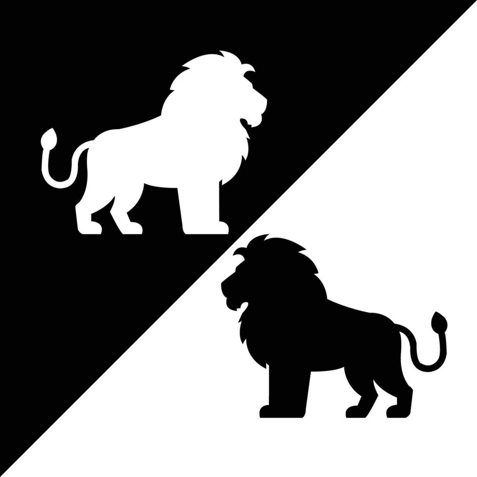 Strong silhouette of two lions walking in opposite directions with black and white background. Represents power, wildlife, and safari themes in minimalist form. vector