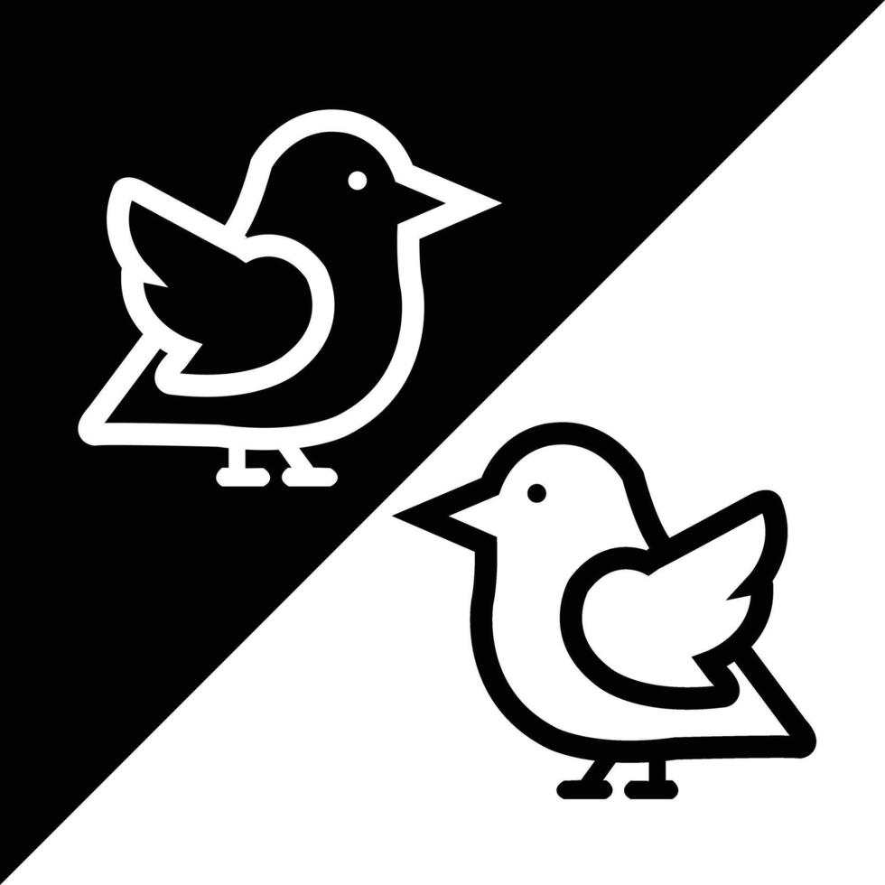 two cartoon-style birds with thick outlines, placed on a diagonal split black-and-white background. Playful and modern, suitable for children's design and branding. vector