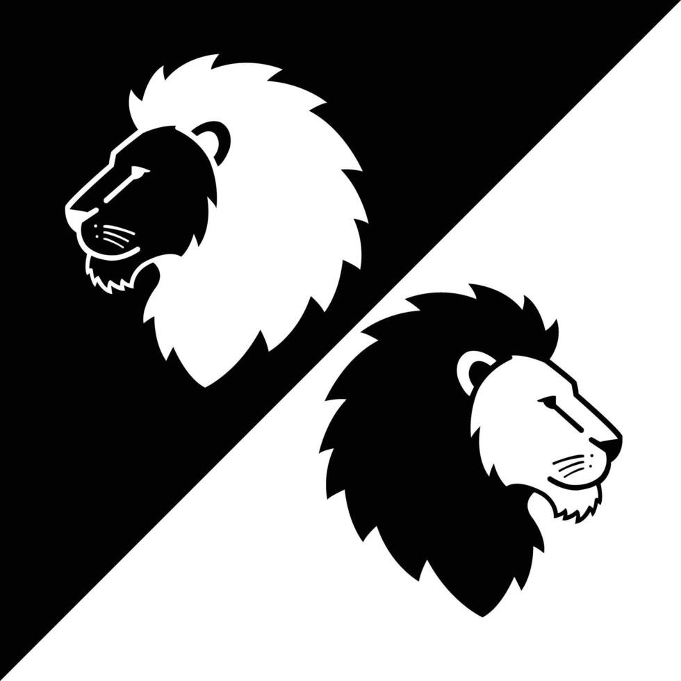 Minimalist lion heads facing opposite directions in black and white, side profile design with emphasis on mane and expression. Ideal for logos, tattoo art, or wildlife themes. vector