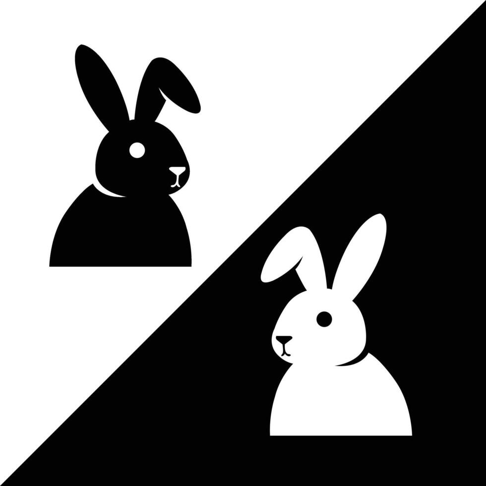 Two facing rabbits in contrasting black and white style, presented on a diagonal split background. A modern design element for minimal art, decor, or product use. vector