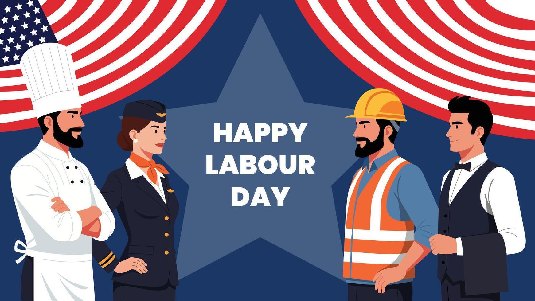 Illustration celebrating Labour Day featuring a chef, pilot, construction worker, and waiter standing together in front of a star and U.S. flag elements. vector