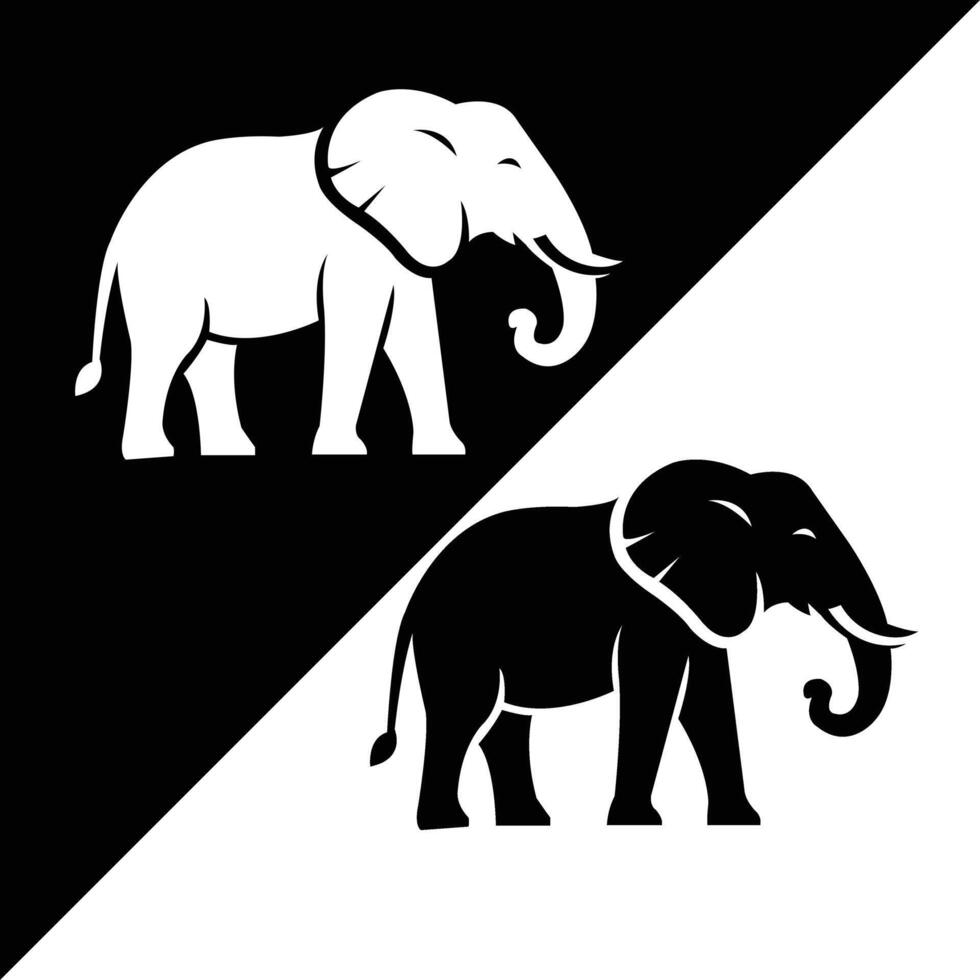 Flat silhouettes of realistic elephants with visible ears and tusks in a clean black and white diagonal format. Ideal for wildlife prints or educational materials. vector