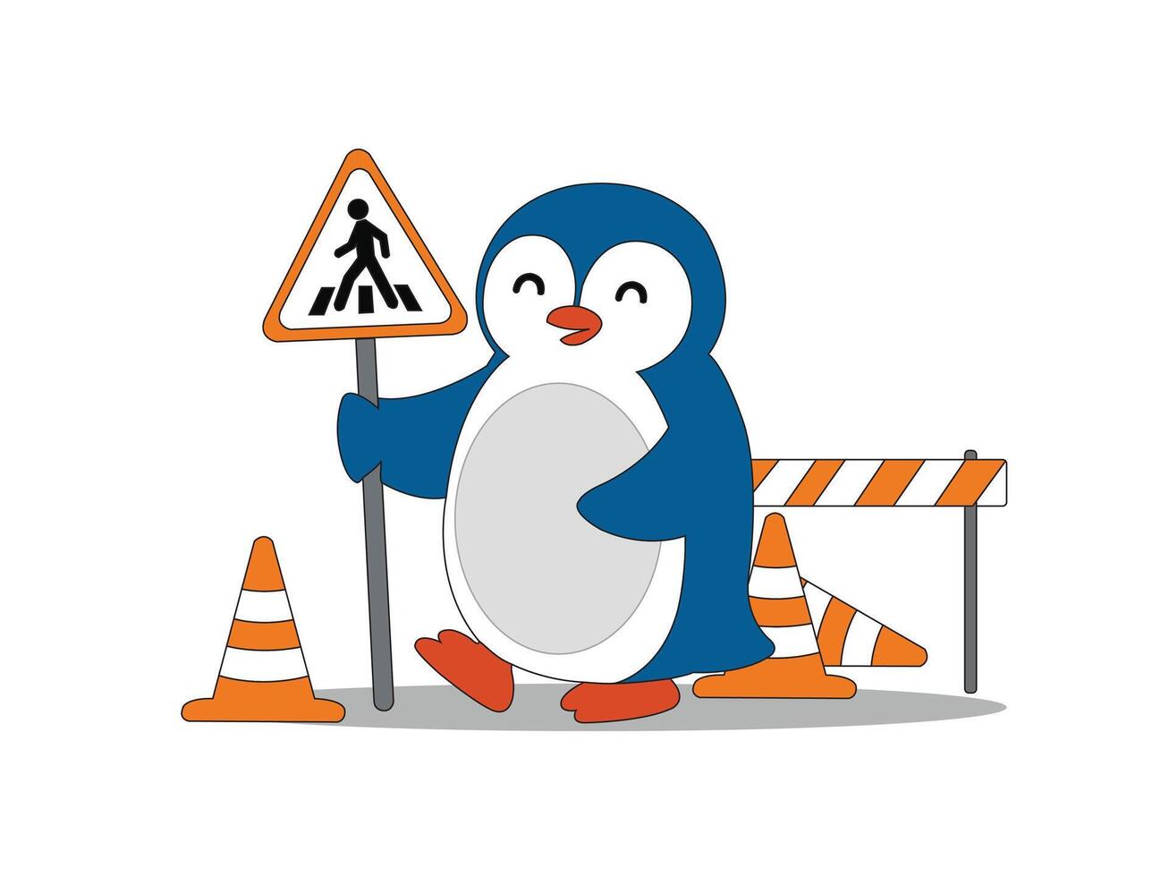 Cartoon penguin holding a pedestrian crossing sign with road barriers. Ideal for traffic safety content and kids learning materials. vector