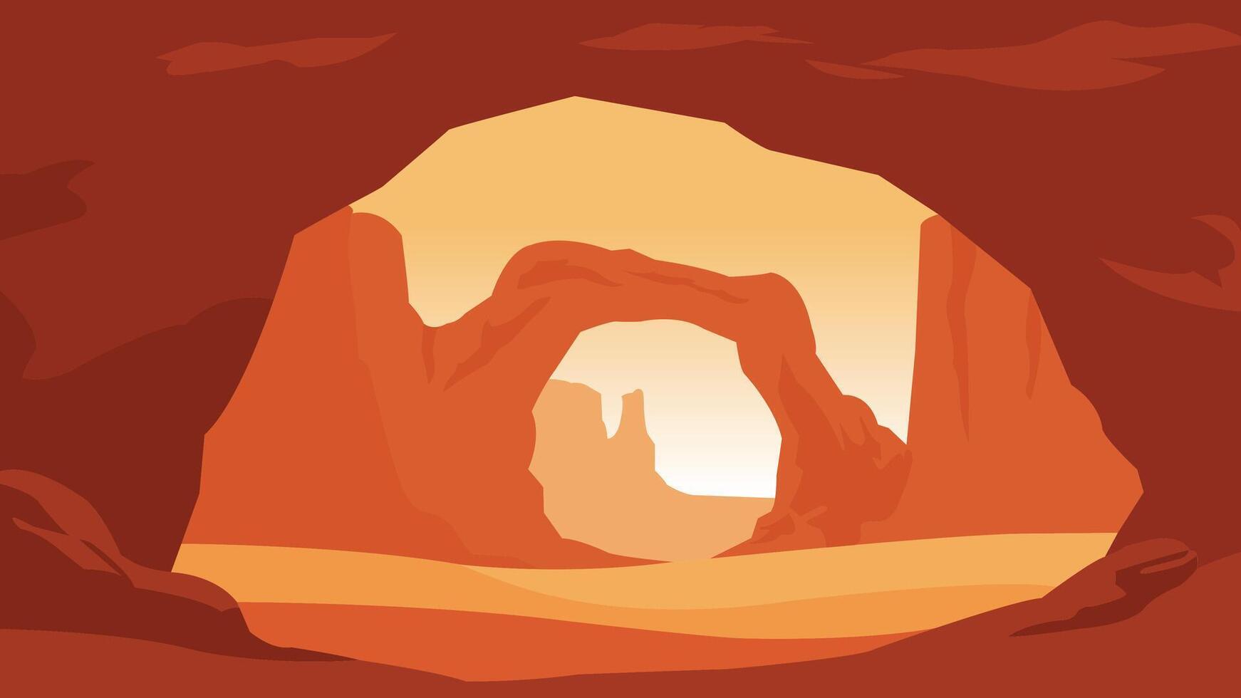 Abstract flat illustration of a desert canyon with cave openings, glowing with warm sunset tones. A dramatic natural scene ideal for adventure, travel, or exploration themes. vector