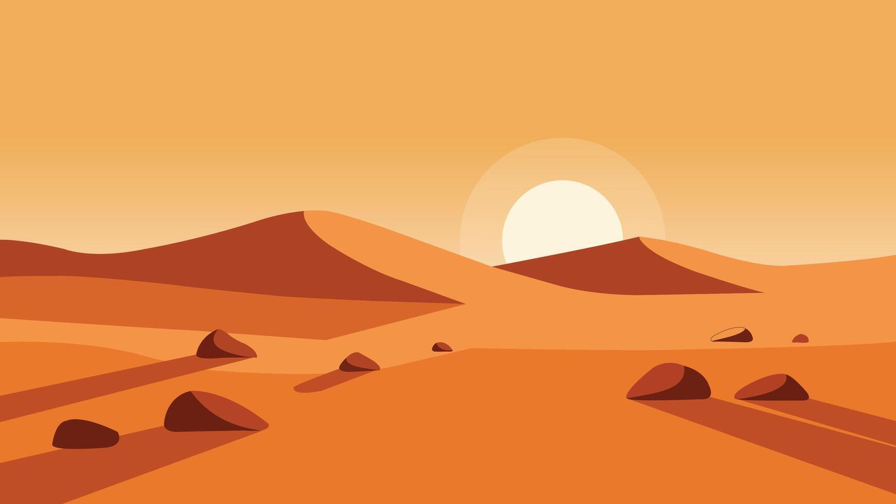 landscape of a desert at sunset with rocky terrain and orange-hued sand dunes. Ideal for backgrounds, travel designs, and nature concepts. vector