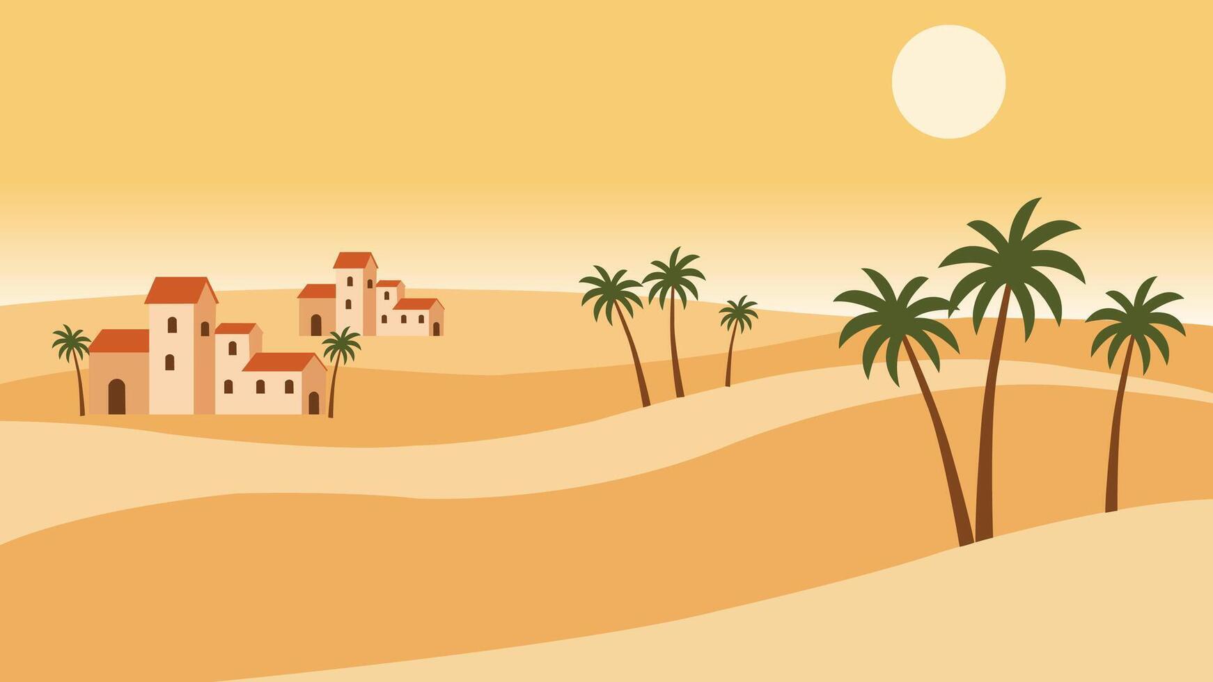 illustration of a desert village with traditional houses, palm trees, and bright sunlight. Depicts serene life in an oasis within arid surroundings. vector