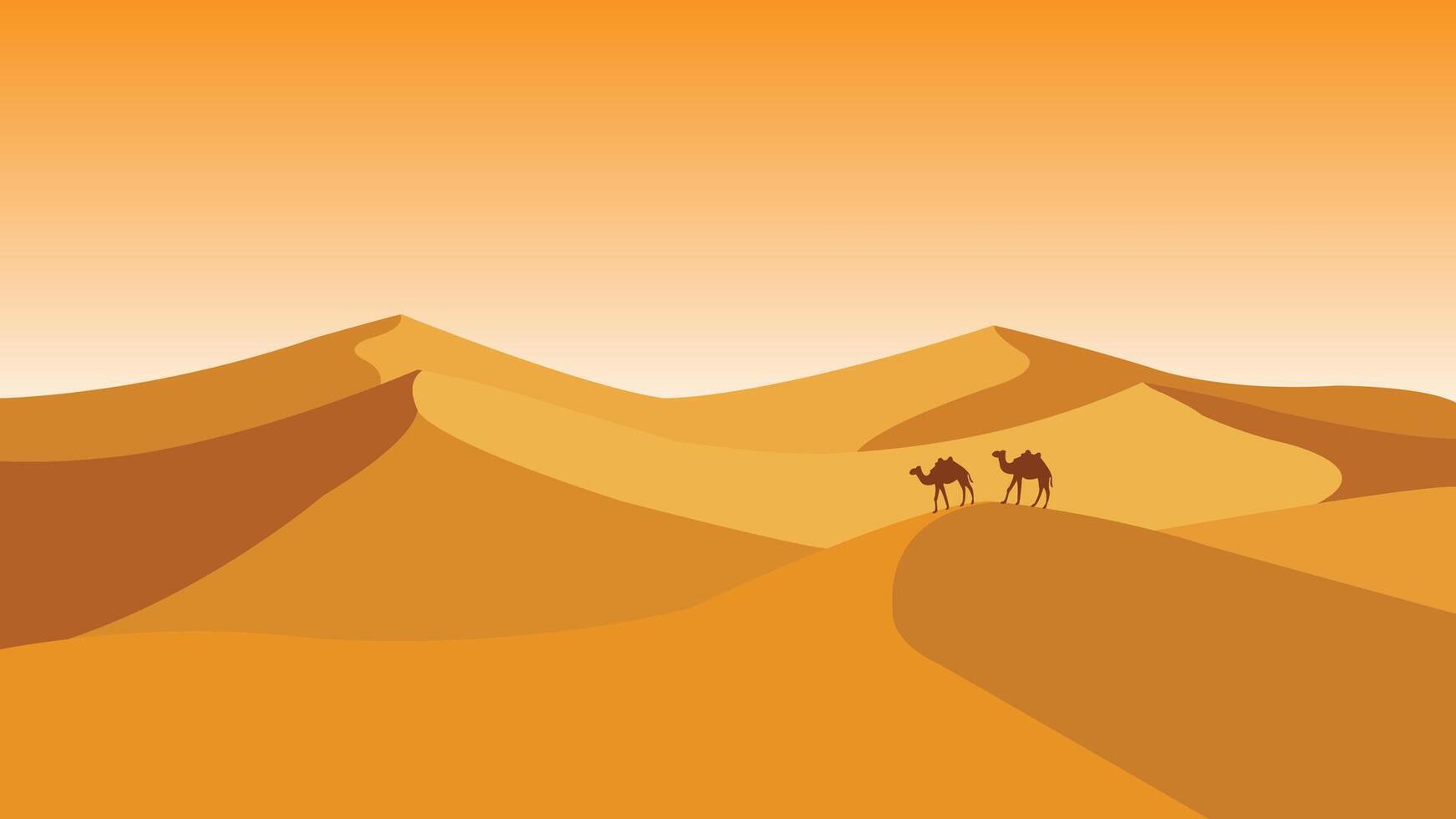 illustration of a desert scene featuring rolling sand dunes and two camels walking under the warm sun. A peaceful and minimal desert view for travel or nature themes. vector