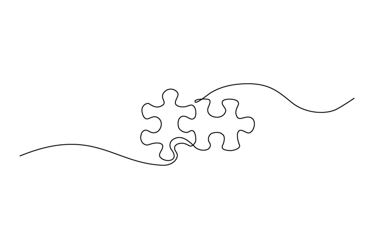 A continuous, single line art illustration of two puzzle pieces intertwined Illustrates connection vector