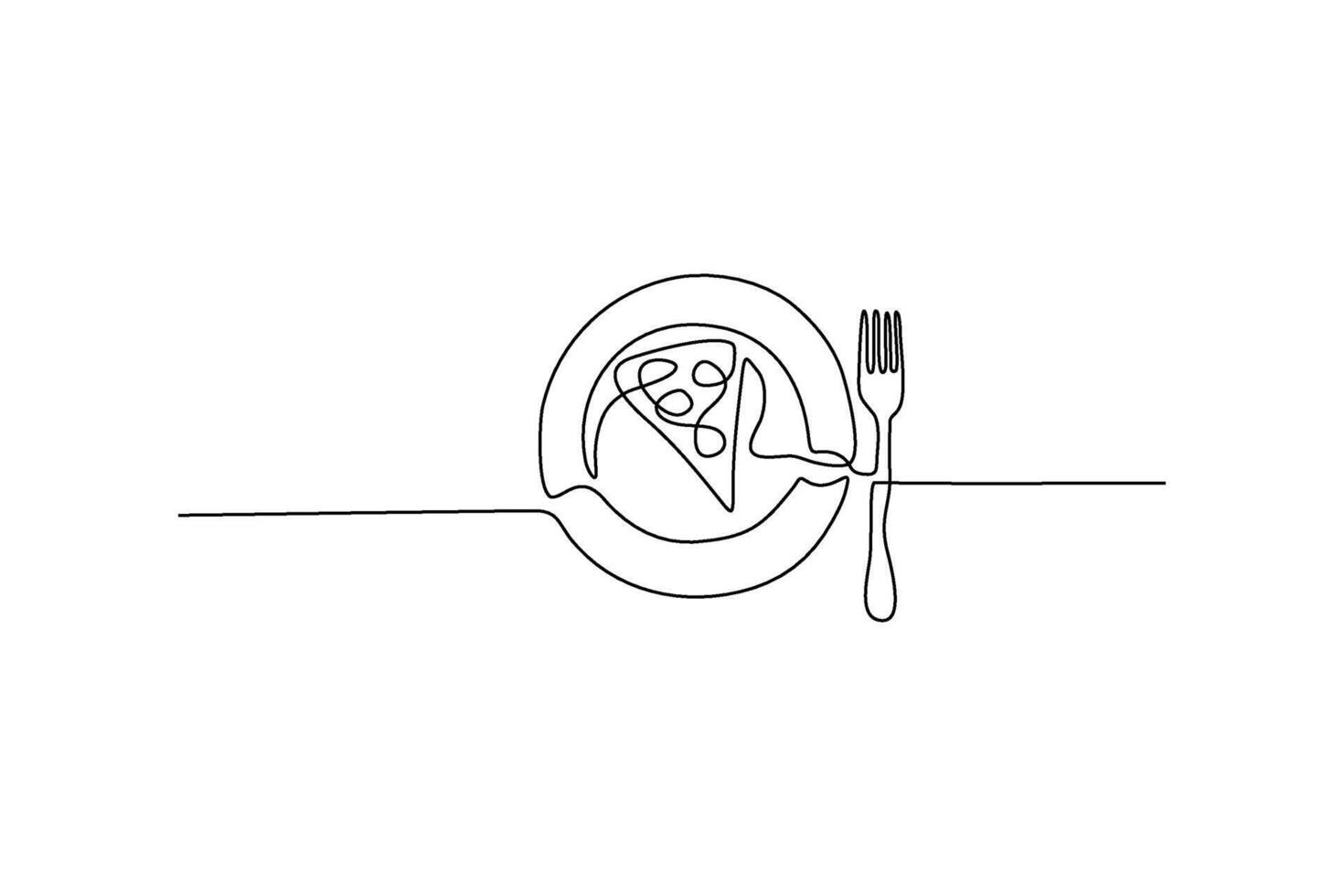 Minimalist line art of a pizza slice on a plate, and a fork Simple monochrome design vector