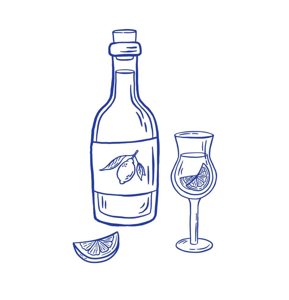 Hand draw limoncello liqueur illustration. Italian citrus drink with lemon on white background. vector