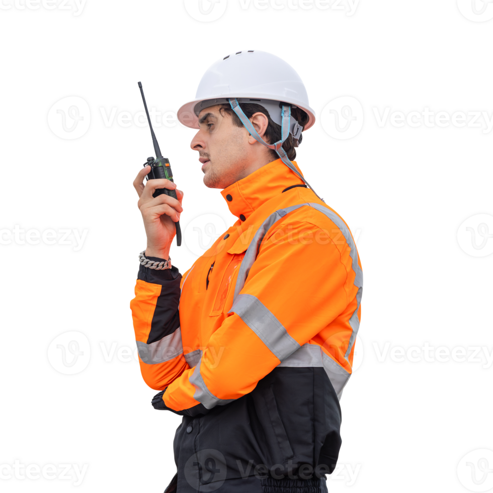 Maritime Safety Engineer with Walkie Talkie, Dock Worker in Safety Uniforms Using Technology for Operations png