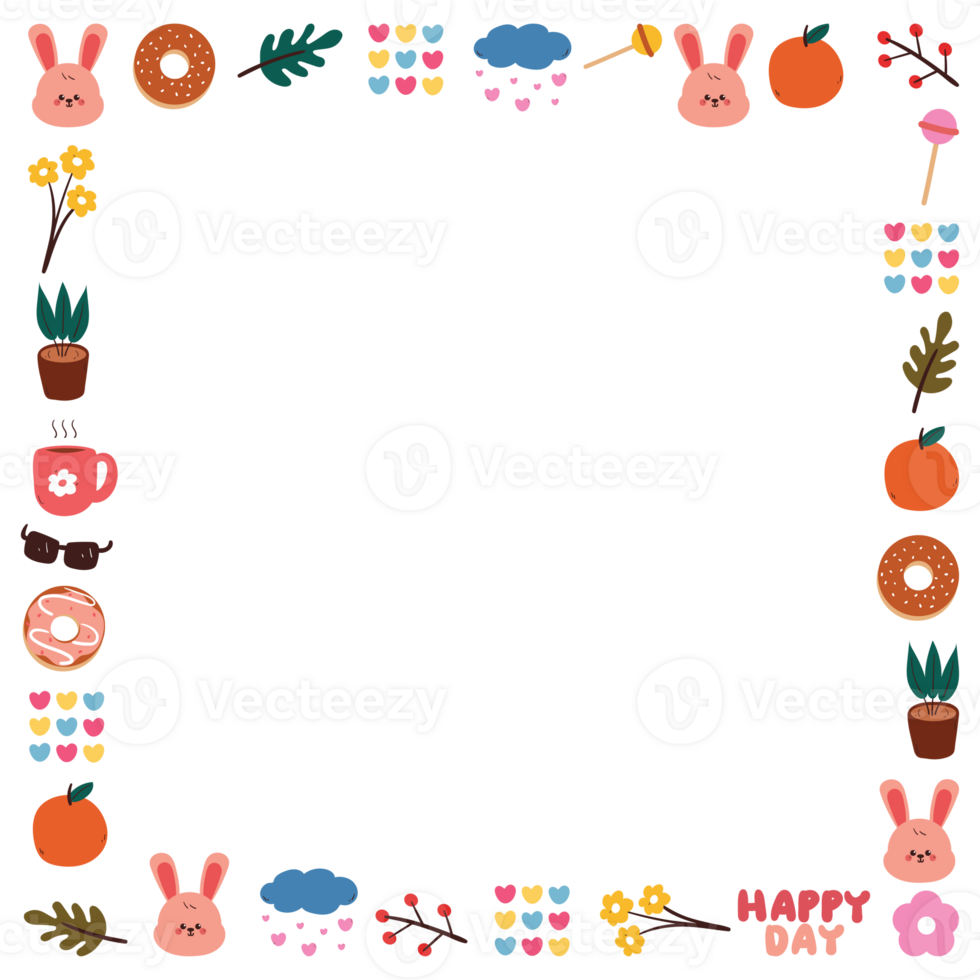 cute frame with cartoon bunny with dessert and plant doodle. cute object, frame border with transparent background png