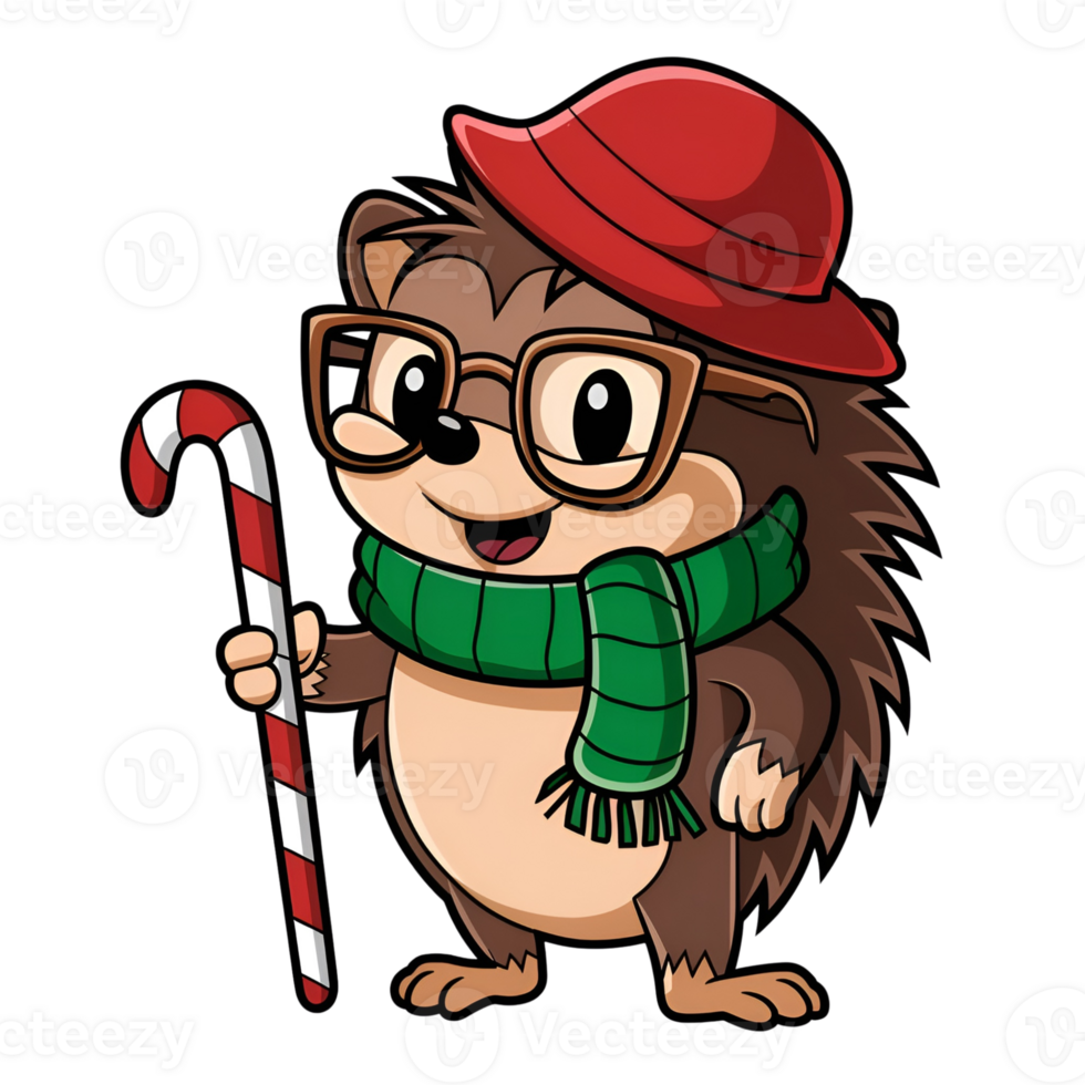 Cartoon little brown hedgehog wearing a green scarf png