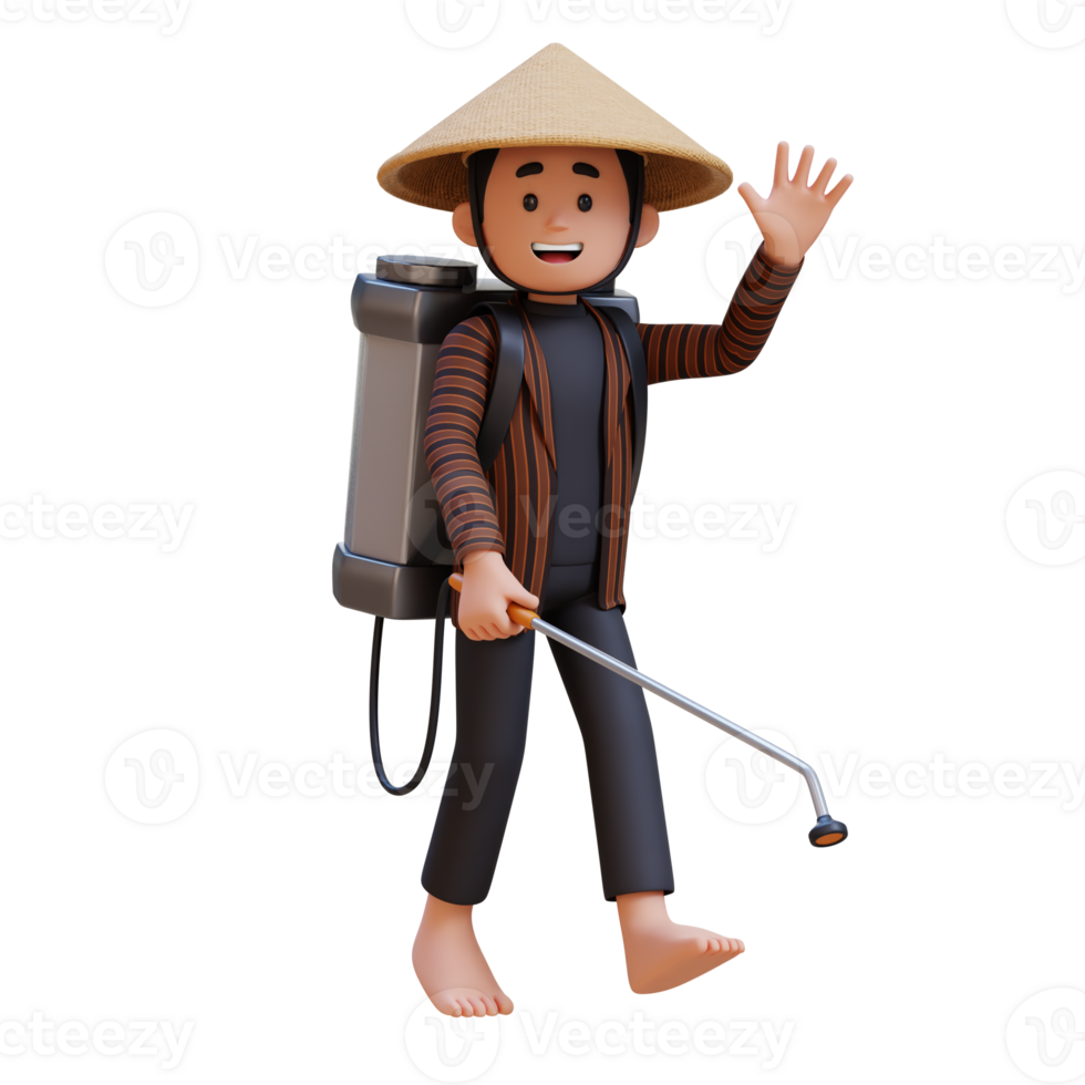 3D indonesia javanese farmer waves while spraying pesticide using a sprayer png