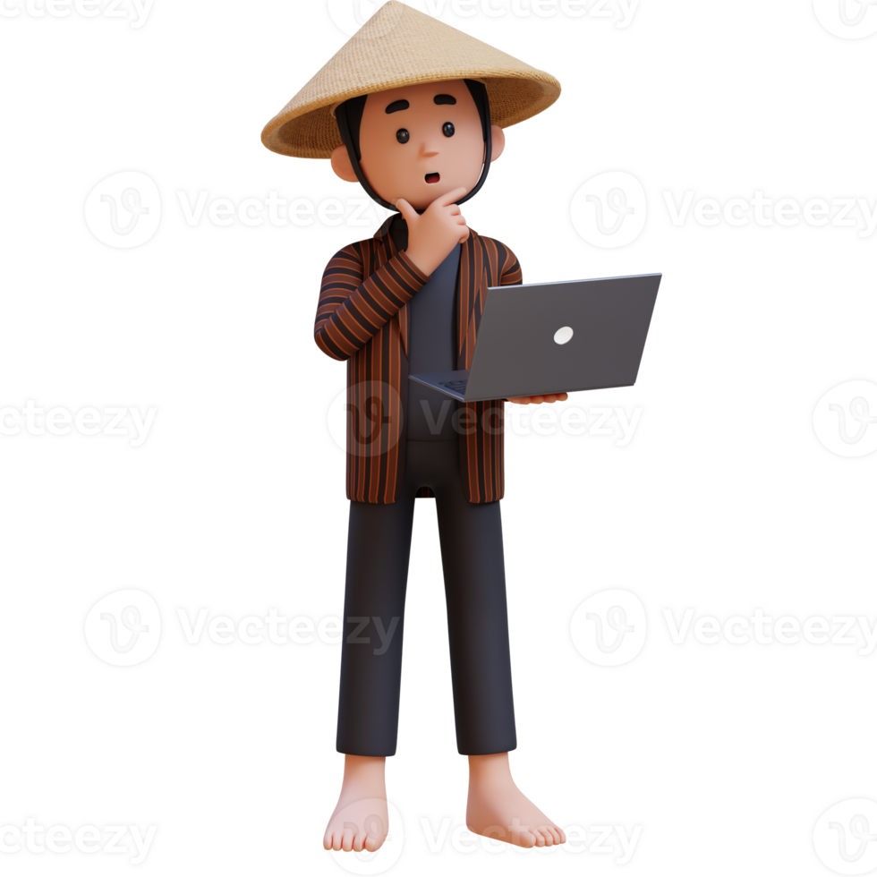 3D indonesia javanese farmer thinking and working on a laptop. png