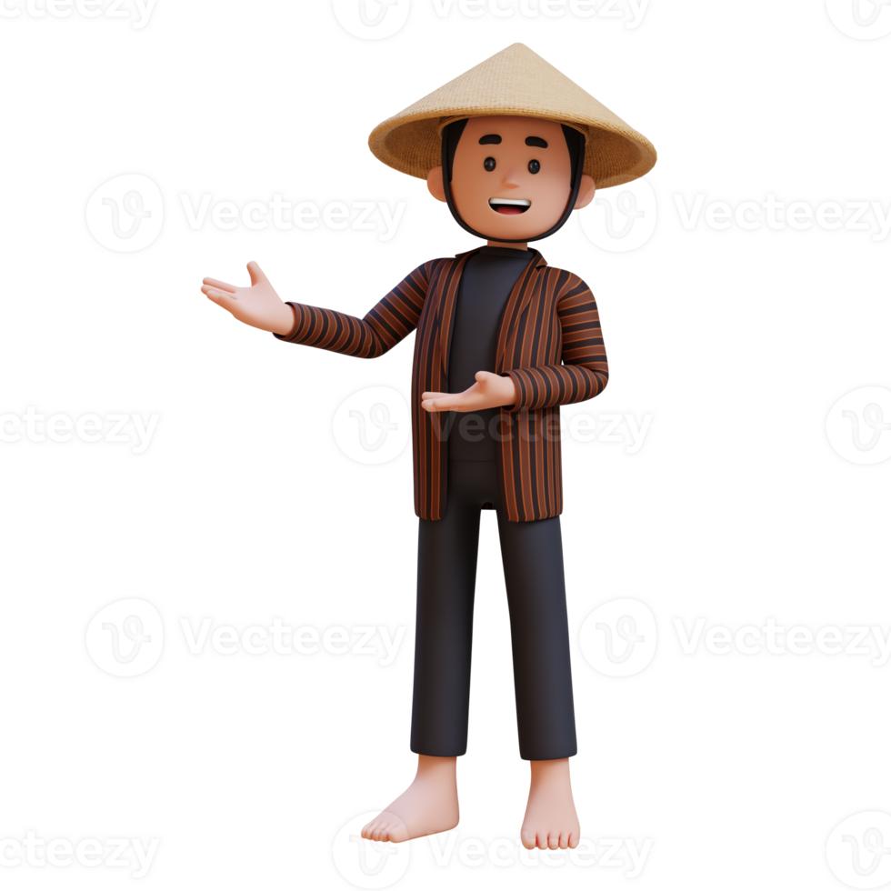 3D indonesia javanese farmer in pointing and presenting gesture png