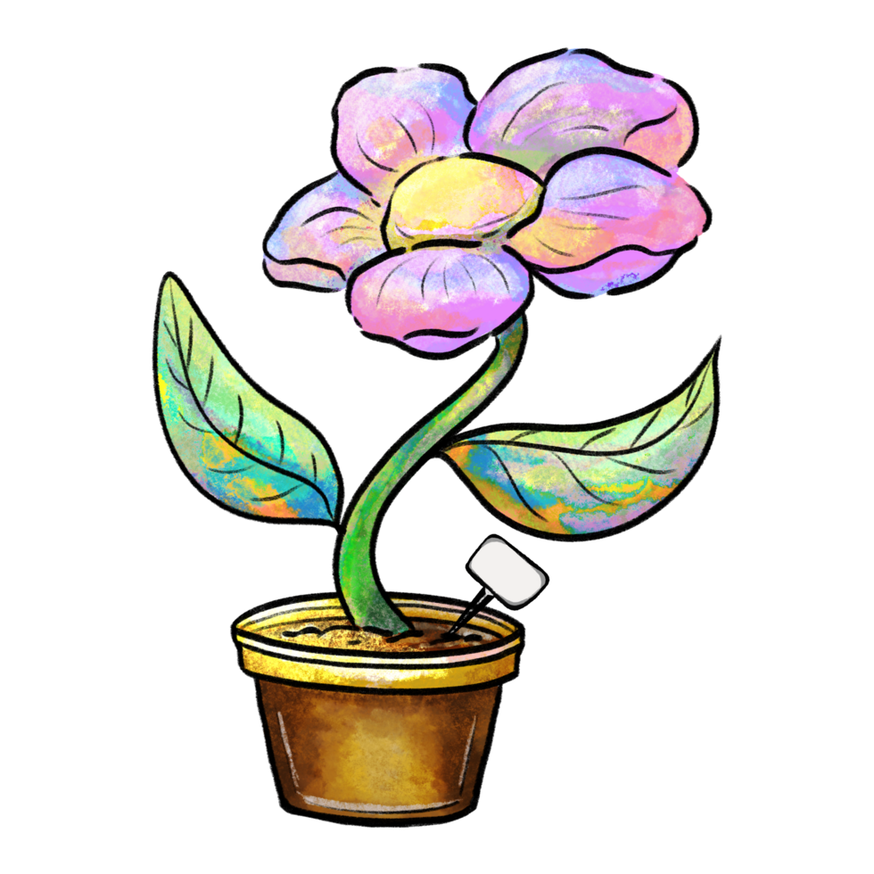 Cartoon potted flower with pink petals artistic coloring illustration png