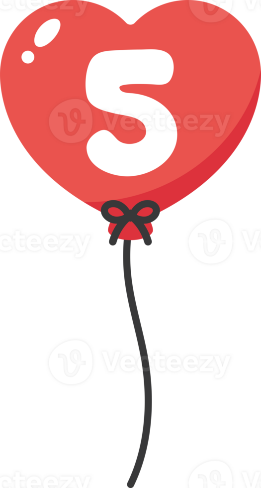 Red heart-shaped numbered balloons illustration for baby and kids party decoration. Number five. png