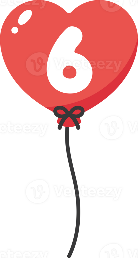 Red heart-shaped numbered balloons illustration for baby and kids party decoration. Number six. png